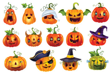 Halloween pumpkin vector set, orange happy cartoon lantern laugh festive element, scary carving face. Spooky funny expression, cut mouth, evil eyes, witch hat. Halloween pumpkin season holiday clipart
