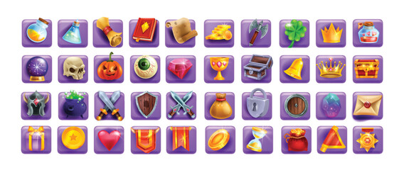3D game icon set, slot machine cartoon element, magic UI badge kit, golden coin, witch potion, book. Reward resource object, sword shield, defence skill, warrior weapon. Fantasy game icon collection