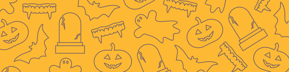 Halloween banner with grave, vampire jaws, ghost and pumpkin - vector illustration
