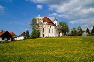 	
The Pilgrimage Church of Wies (German: Wieskirche) is an oval rococo church in the Bavarian Alps on a sunny day inspring (Steingaden, Weilheim-Schongau district, Bavaria, Germany)