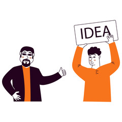 People talking and thinking.Two men talk.Businessmen discuss social network.Brainstorm doodle hand drawn elements.Came up with an idea.Man holding up his index finger.