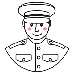 Military man of wearing full dress uniform.Officer in full dress uniform.Insignia of army.Mlitary ranks shoulder badge. Doodle sketch style vector illustration.Isolated on white background.