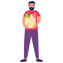 Delivery boy holds grocery paper bag.Food delivery service.Vector flat illustration.Courier boy deliver holding pack with fresh long loaf,carrots, milk.Isolated on white background.