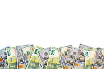 Money on a white background. You can see some of the banknotes.