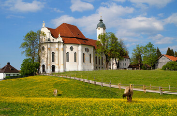 The Pilgrimage Church of Wies (German: Wieskirche) is an oval rococo church in the Bavarian Alps on...