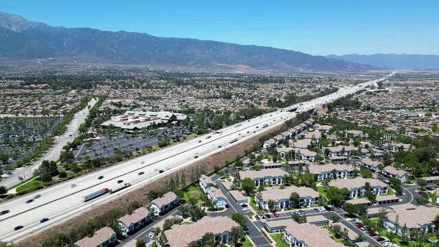 Aerial view of freeway traffic in Rancho Cucamonga, Los Angeles