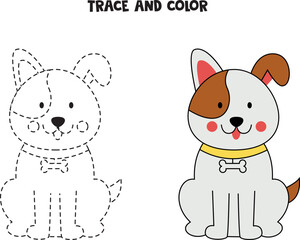Trace and color cute hand drawn dog. Worksheet for children.
