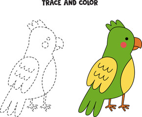 Trace and color cute hand drawn parrot. Worksheet for children.