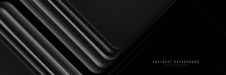 Black abstract background with black and grey gradient geometric square overlay layer. 3D modern luxury black banner template design. Black shiny metal texture. Vector illustration