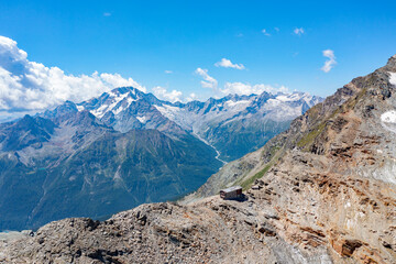 Panoramic aerial view of the Bernina Group and the Scerscen Refuge in Valmalenco, Italy, July 2022	