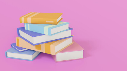 Stack of random books colorful on pink background, 3d render