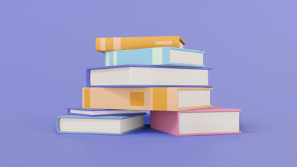 Stack of random books colorful on purple background, 3d render