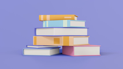 Stack of random books colorful on purple background, 3d render
