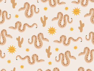 Seamless pattern of horned viper snake with saguaro cactus and sun. Desert animals and plants. Flat vector illustration isolated on beige background.