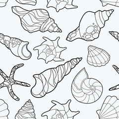 Contour drawing of seashells on a white background. Seashells seamless pattern for wallpaper, wrapping paper, bed, bathroom tile, clothing or bedding. Phone case or fabric print.