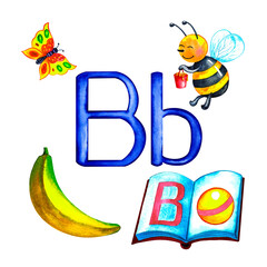Letter B uppercase and lowercase with children's illustrations. Watercolor drawing, for the alphabet