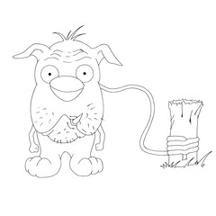 little dog with big eyes and tooth out of mouth and tied in toto