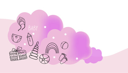 Banner hand drawn baby girl. Cartoon sketch style doodle for icon, banner. Elements little baby clothes.