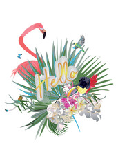 Series of Floral backgrounds with tropical summer and spring flowers, palm leaves, animals, birds. A flamingo decorated with patterns. Hand drawn vector illustration.