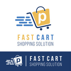 Initial p letter in trolley cart shopping logo with speed symbol for fast online shopping delivery logo concept	 - obrazy, fototapety, plakaty