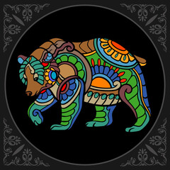 Colorful grizzly bear zentangle arts isolated on black background