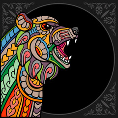 Colorful grizzly bear zentangle arts isolated on black background