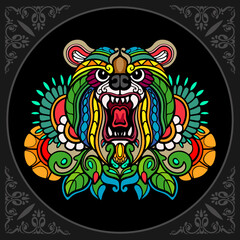 Colorful grizzly bear zentangle arts isolated on black background