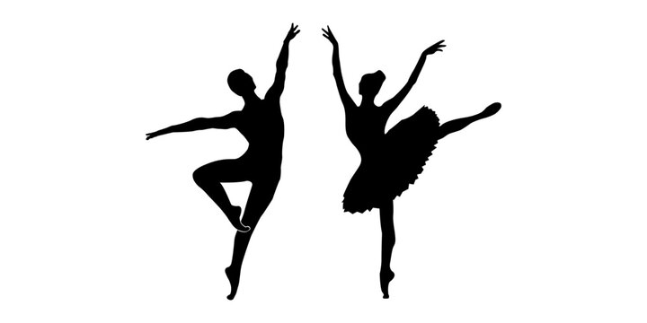 Vector drawing ballerina and balerun in dance. Black silhouette of dancers.