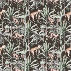 Tropical watercolor birds hummingbird, monkey and jaguar, exotic jungle plants palm banana leaves flowers, flamingo pastel color seamless pattern fabric background