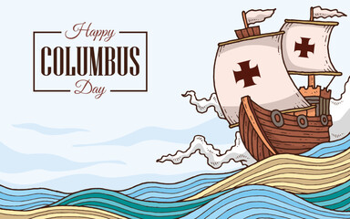 Happy columbus day banner with sailing ship on the sea illustration