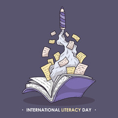 International literacy day illustration with the book and pencil rocket - obrazy, fototapety, plakaty