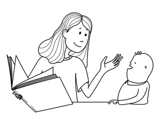 Volunteer girl reading a book to a child with Down syndrome.