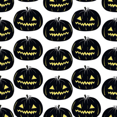 Seamless pattern with black silhouette of a pumpkin face with yellow glowing eyes for halloween on a white background
