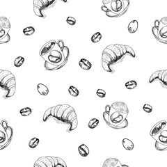 Delicious croissants and coffee cups for breakfast draw a seamless hand-drawn pattern.Pastries for breakfast.Cozy stock illustration template for Packaging design, wallpaper