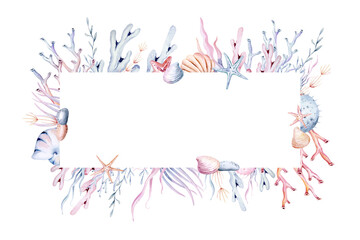 frame of sea animals. Blue watercolor ocean fish wreath, turtle, whale and coral. Shell aquarium mermaid submarine. Nautical dolphin marine illustration, jellyfish, starfish
