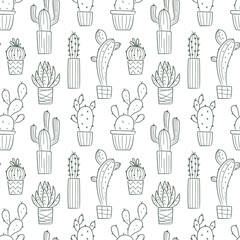 Vector seamless pattern with outline hand drawn cactus and succulents. Cacti in pots. Beautiful floral design elements, perfect for prints and surface. Repeating hand drawn background