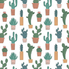 Vector seamless pattern with hand drawn cactus and succulents. Cacti in pots. Beautiful floral design elements, perfect for prints and surface. Repeating hand drawn background