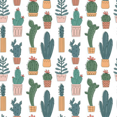 Vector seamless pattern with hand drawn cactus and succulents. Cacti in pots. Beautiful floral design elements, perfect for prints and surface. Repeating hand drawn background