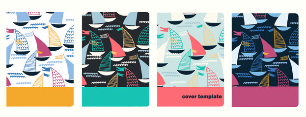 Set of cover page vector templates based on seamless patterns with sailing boats. Perfect for kids exercise books, notebooks, diaries, presentations