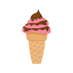 Chocolate raspberry icecream swirl waffle horn flat. Icon frozen dessert berry pieces natural cooling snack. Doodle sloppy style sticker label dairy summer kids holiday for business craft isolated