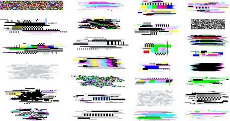 Digital decay elements. Television glitch effects, screen white noise and censored textures. Geometric darkness bright glitches. Pixel error racy vector set - obrazy, fototapety, plakaty