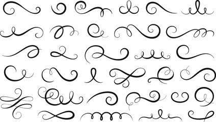 Calligraphy flourish swirls. Decorative filigree and ornamental hand design. Modern flourishes isolated swashes, cursive separator swirl racy vector set - obrazy, fototapety, plakaty