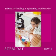 Composition of stem day text over caucasian girl in lab