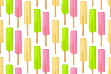 Frozen fruit ice a stick seamless pattern flat. Juicy fresh summer print icon wallpaper pattern napkin ad decor kid holiday sweet dessert restaurant menu modern handmade wrapping paper textile site