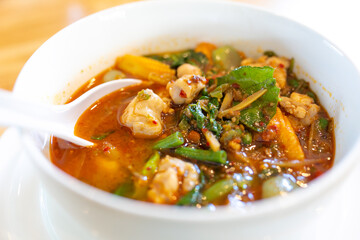 Forest curry or jungle curry in a bowl isolated on white, Spicy Thai curry from the forested areas of Thailand. a kind of Thai curry 'Kang-Paa-Kai'.
