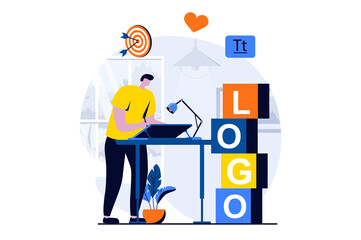 Branding team concept with people scene in flat cartoon design. Man drawing logo and working on brand development and corporate identity, business promotion. Illustration visual story for web