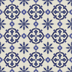 Hydraulic ceramic tiles in white and blue. Portuguese and Spanish design. EPS illustration. 