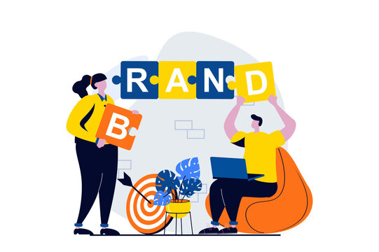 Branding team concept with people scene in flat cartoon design. Man and woman building brand development strategy and corporate identity with puzzle in office. Illustration visual story for web