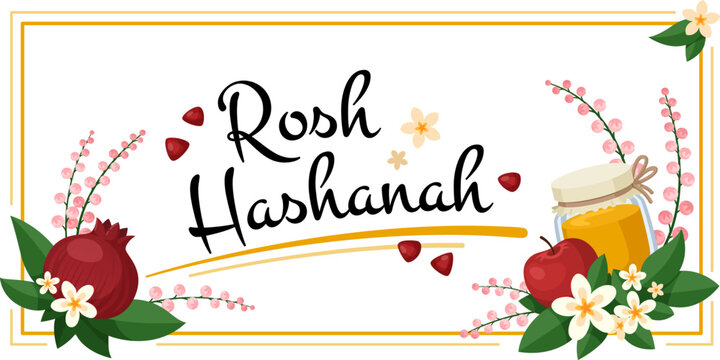 Jewish new year banner. Rosh-hashanah modern flyer with honey, apple and pomegranate. Happy shana tova background. Garish tradition vector flyer