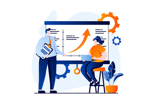 Business making concept with people scene in flat cartoon design. Man and woman analyzing data and statistics, discussing strategy for investing in company. Illustration visual story for web
